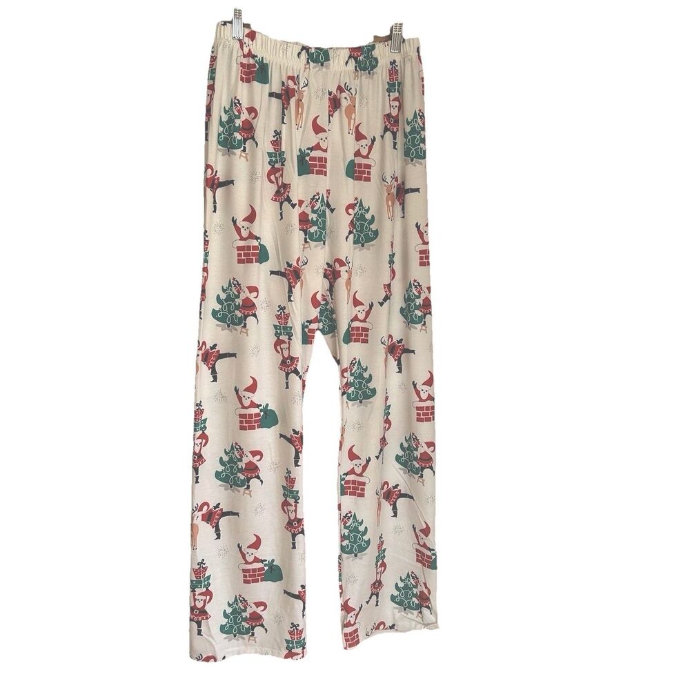 Sheilay Women's Holiday Santa Reindeer Pajama Pants Ivory with Print Sz L